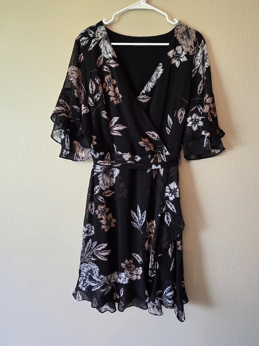 City Chic Black Floral Wrap Midi Dress with Ruffle Sleeves
